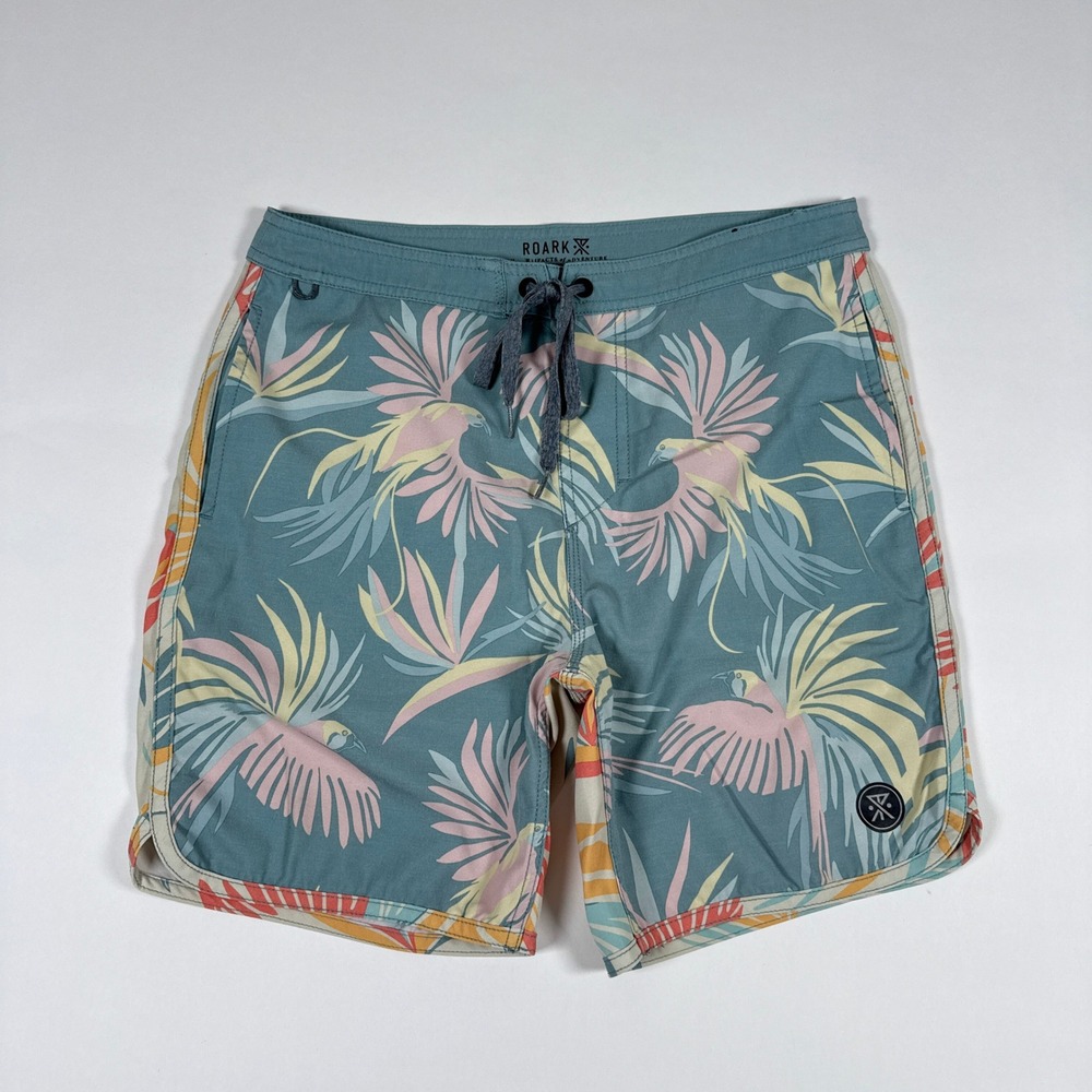 Roark Board Shorts Mens 28 Blue Parrot Bird Tropical Surf Beach Coastal